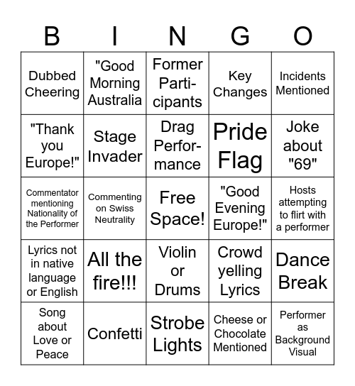 Eurovision Grand Final Bingo Card