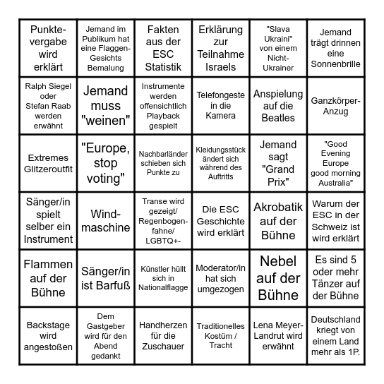 ESC Deutsch Bingo Card