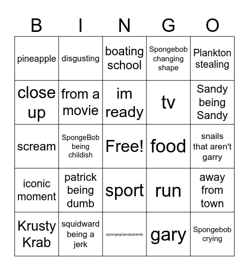 spongebob Bingo Card