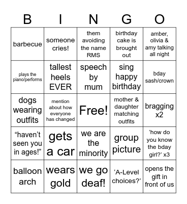 17th Surprise Birthday Party Bingo Card