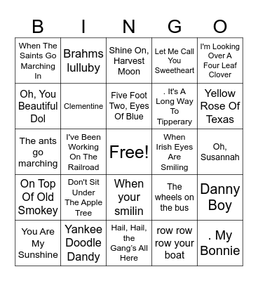 sing a longs Bingo Card
