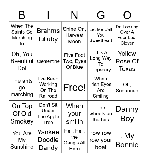 sing a longs Bingo Card