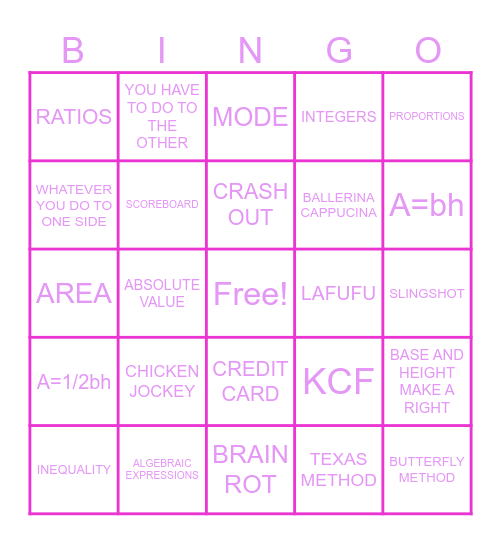 MATH 6 BINGO Card