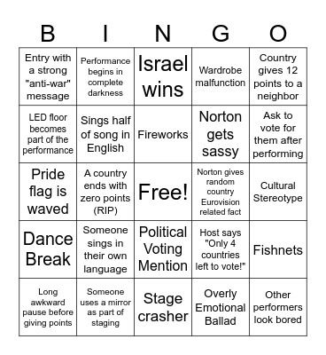 Eurovision Bingo Card
