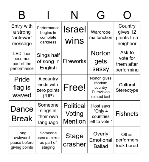 Eurovision Bingo Card