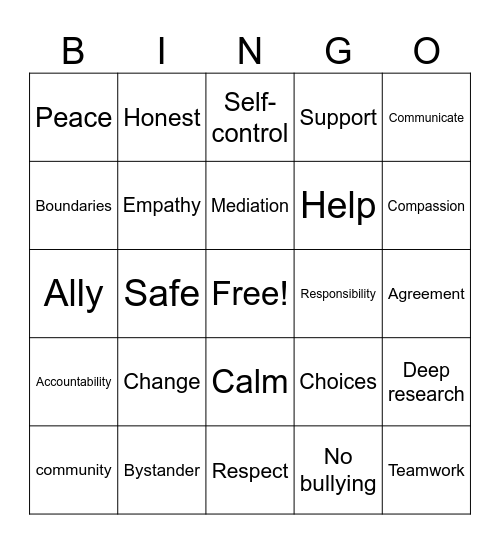 Violence Prevention Bingo Card