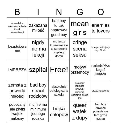 teen rom coms bingo Card