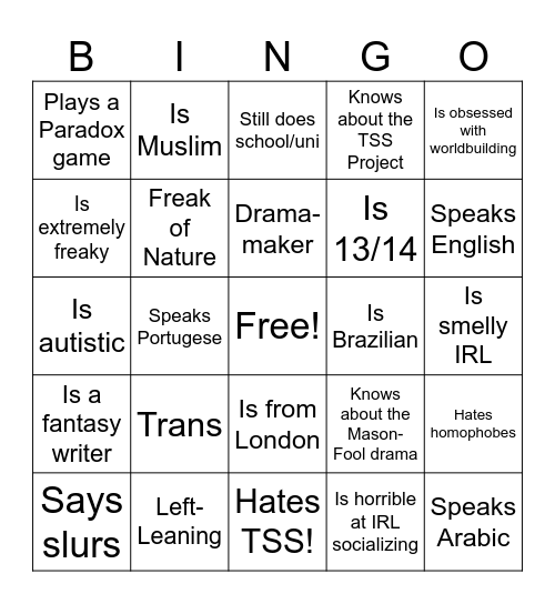 The Shadow System Bingo Card