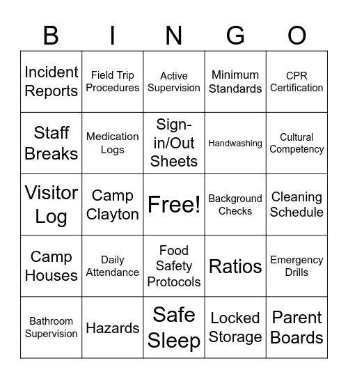 Camp Compliance Bingo Card