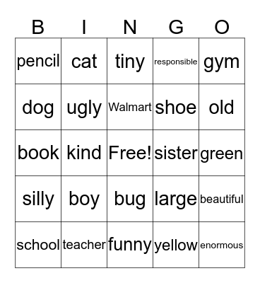 Nouns and Adjectives BINGO Card