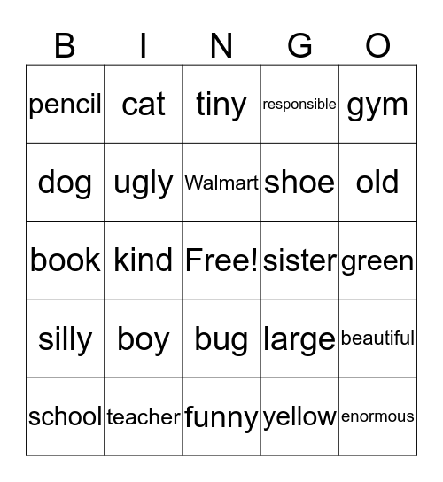 Nouns and Adjectives BINGO Card