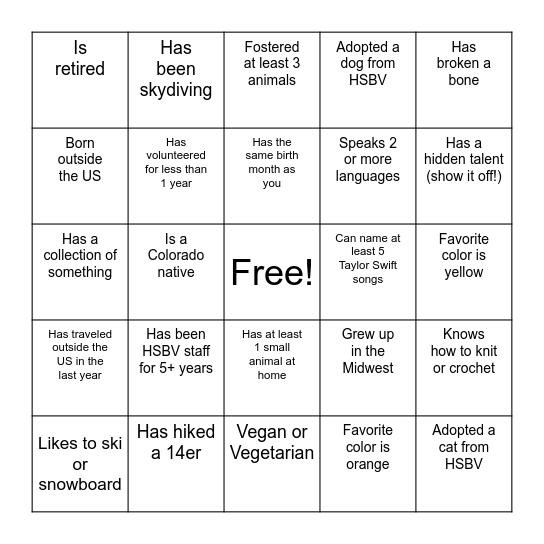 HSBV Bingo Card
