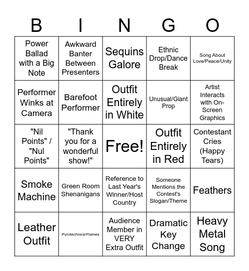 Eurovision Bingo Card