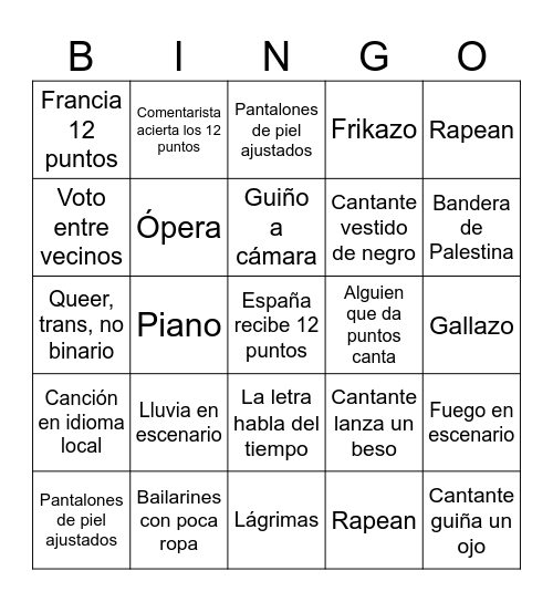 Eurovision 2025 Bingo Card