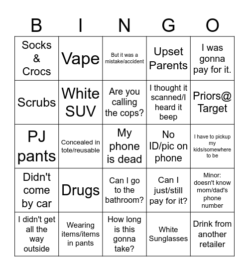 Shoplifter Bingo V2 Bingo Card