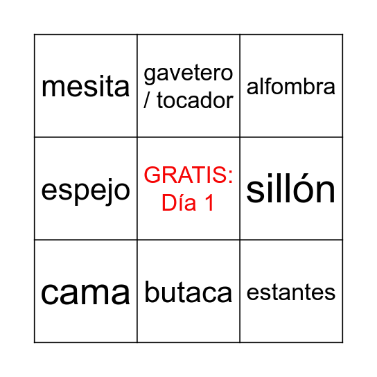 MINI-BINGO (DAY 1): Preposiciones y muebles Bingo Card