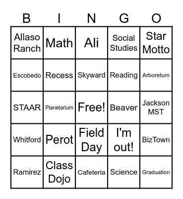 5th Grade End-of-Year Bingo Card