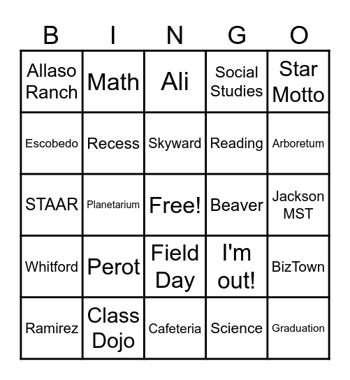 5th Grade End-of-Year Bingo Card