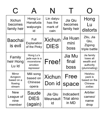 Canto 8 bingo Card