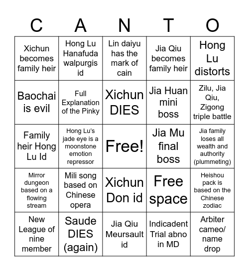 Canto 8 bingo Card