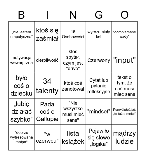 Autoprezentacja Bingo Card