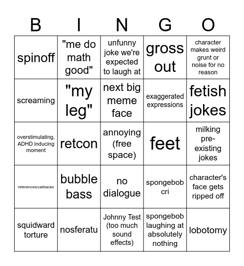 Modern Spongebob Bingo Card