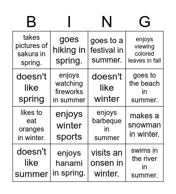 Seasons Bingo Card