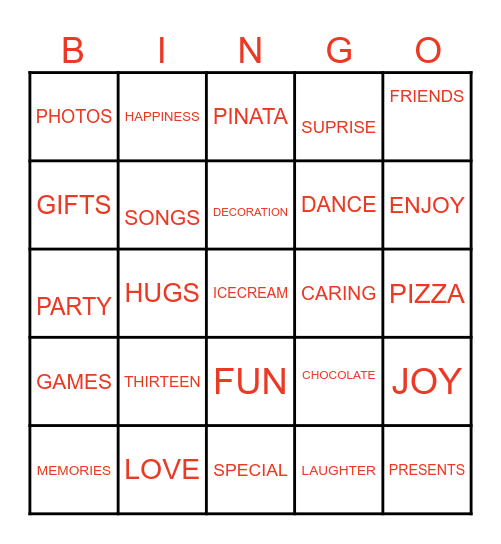SAMHITA'S BIRTHDAY PARTY Bingo Card