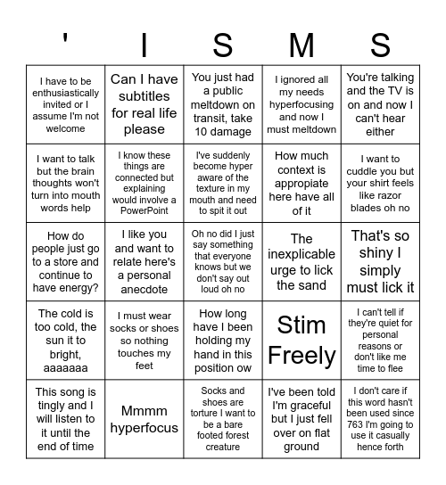 'tisms Bingo Card