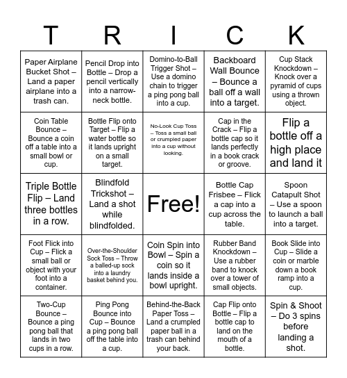 Trickshot Challenge Bingo Card