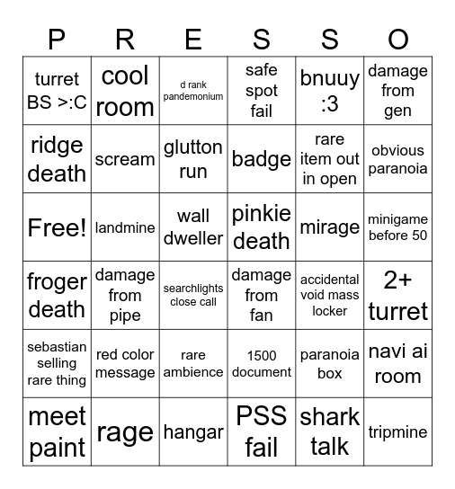pressure bingo Card