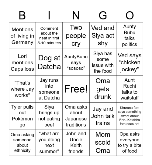 Fam Dinner Bingo Card
