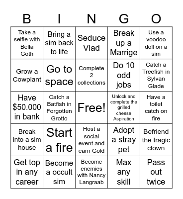 Sims 4 Bingo Card