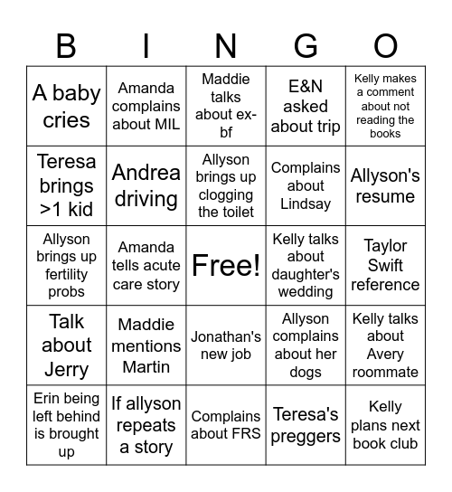 Book Club Bingo Card