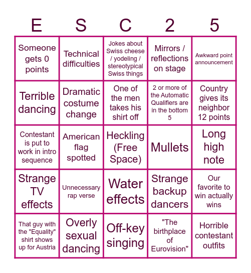 ☆ Eurovision 2025 Bingo ☆ Bingo Card