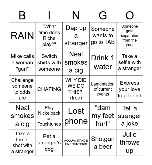 First Annual Millvale Music Fest Bar Crawl Bingo Card