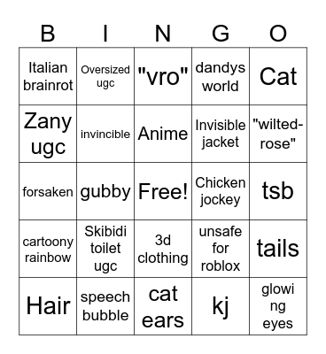 roblox catalog bingo Card