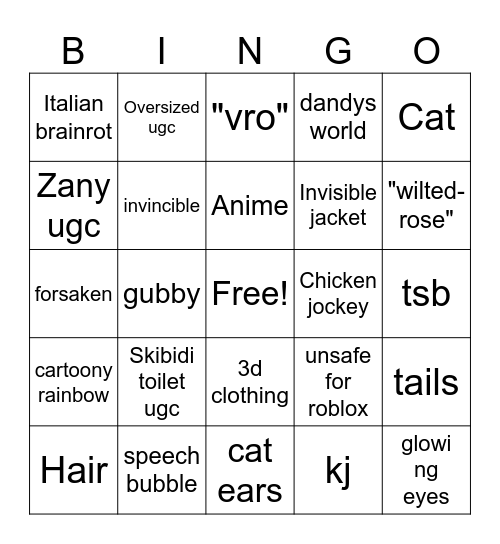 roblox catalog bingo Card
