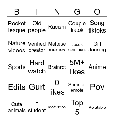 TikTok bingo Card
