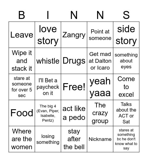 Binns Bingo Card