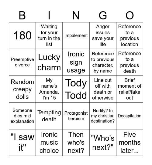 Final Destination Bingo Card