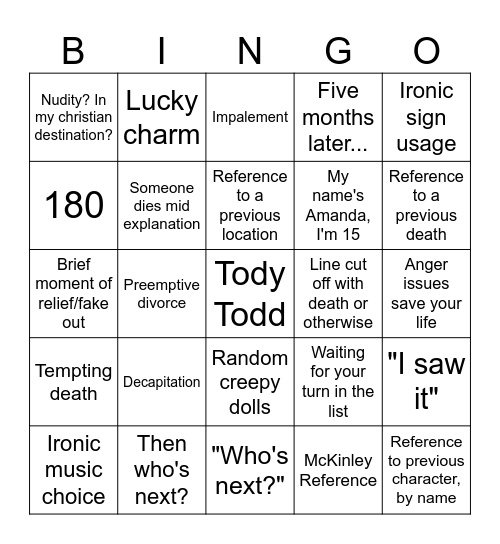 Final Destination Bingo Card