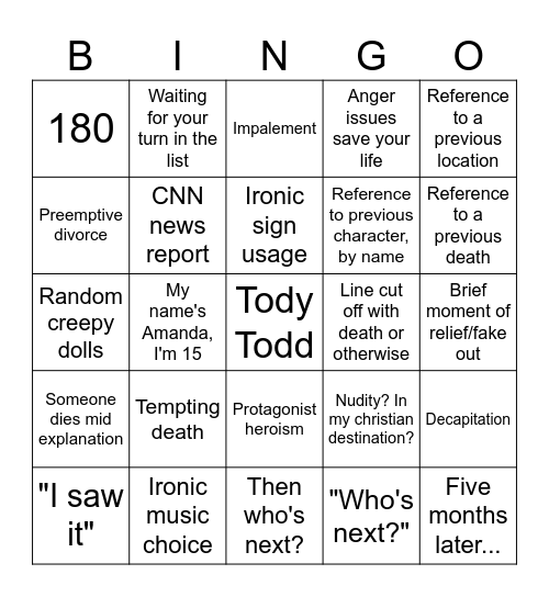 Final Destination Bingo Card