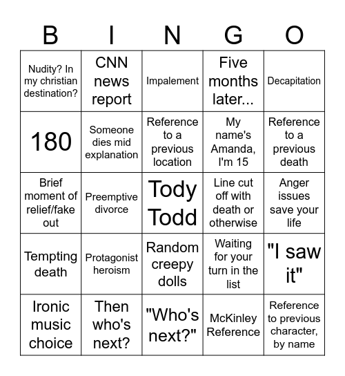 Final Destination Bingo Card