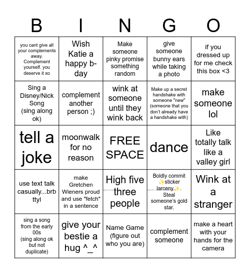 Katie's Birthday Bingo Card