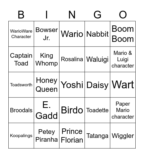 Super Mario World Movie Characters Bingo Card
