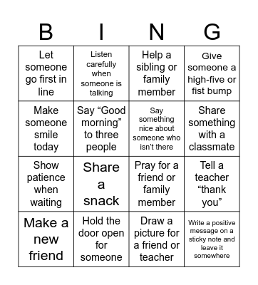 Kindness Bingo Card