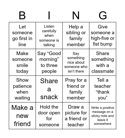 Kindness Bingo Card