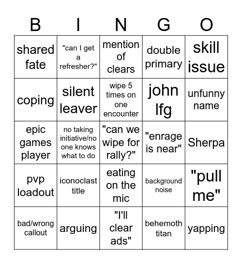 LFG Bingo Card