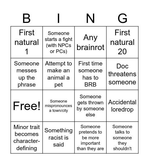 First session bungo Bingo Card